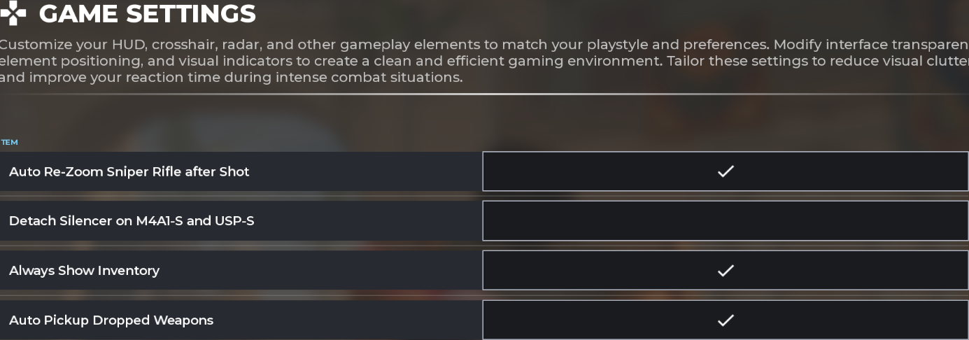 Item settings screenshot