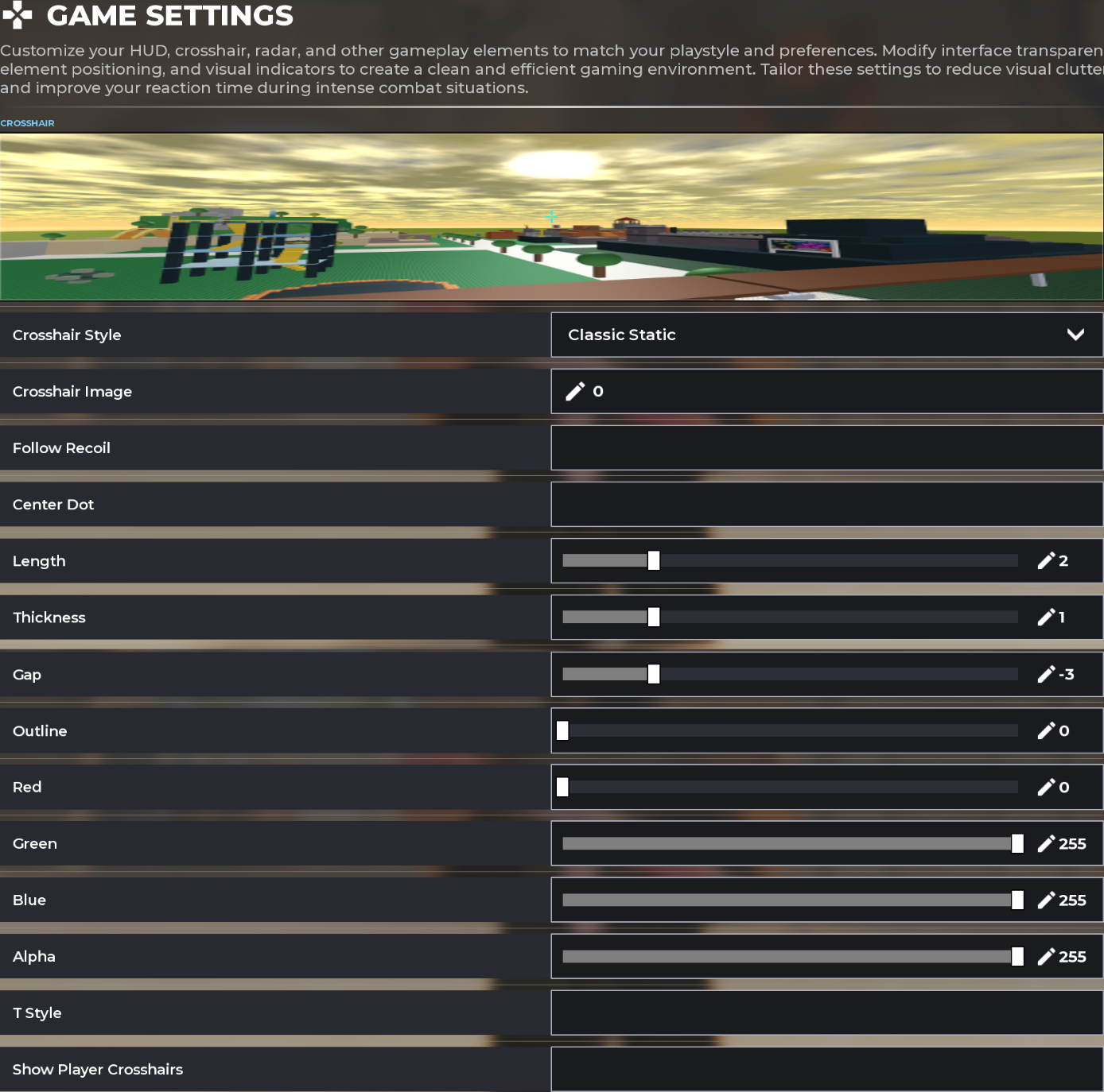 Crosshair settings screenshot